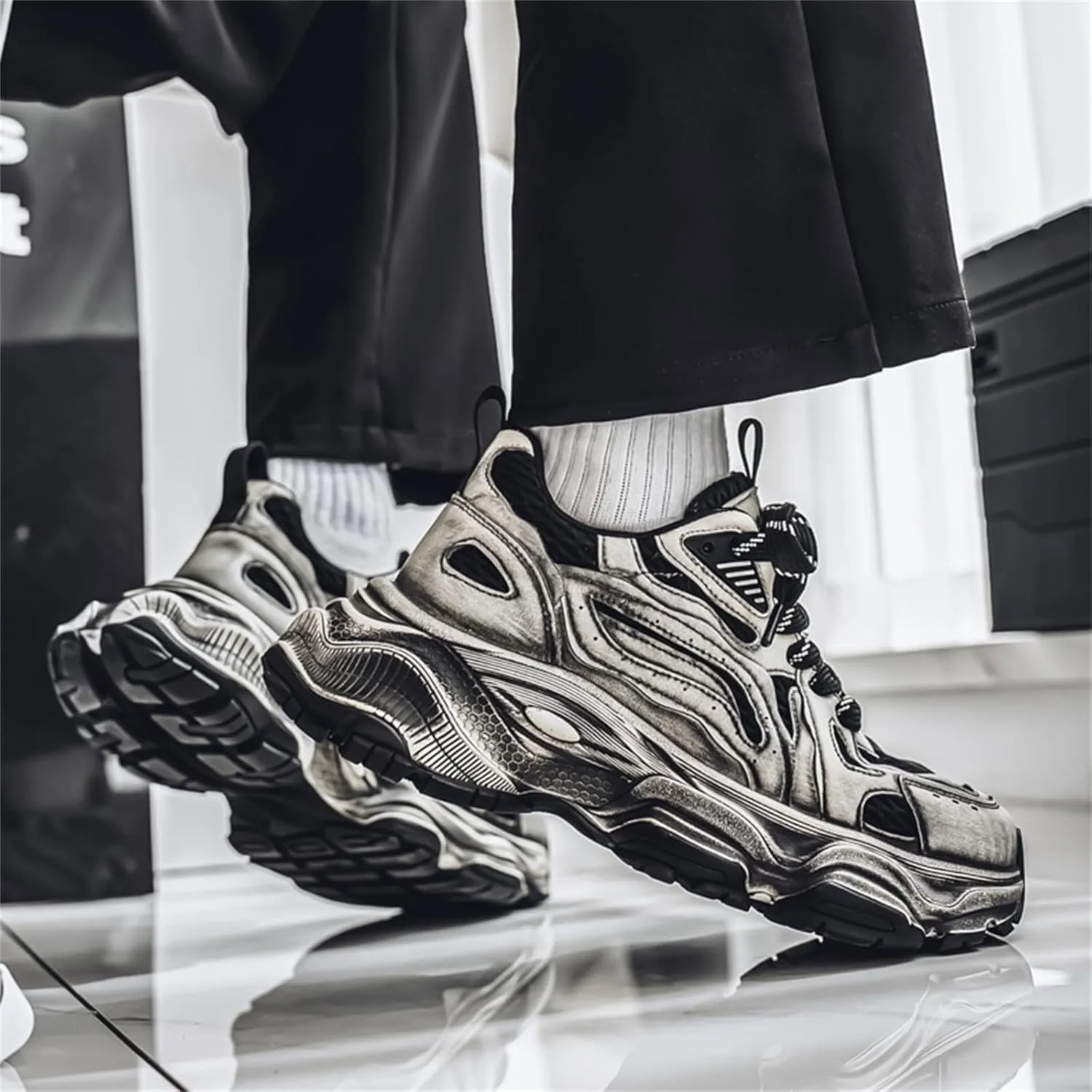 Men's Fashion Stylish Breathable Mesh Chunky Platform Lace Up Sneakers Retro Round Toe Non-Slip Trendy Walking Workout Driving Shoes