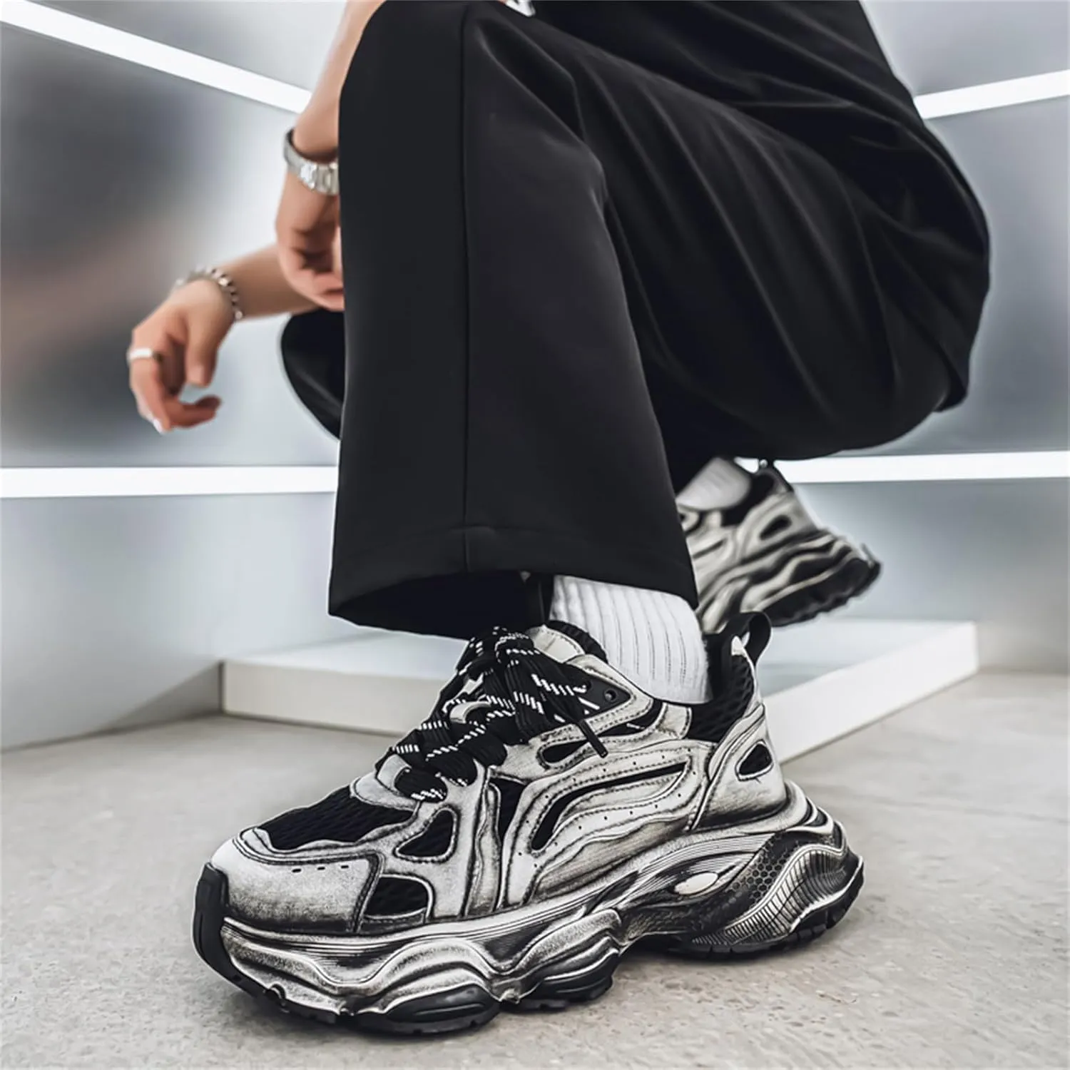 Men's Fashion Stylish Breathable Mesh Chunky Platform Lace Up Sneakers Retro Round Toe Non-Slip Trendy Walking Workout Driving Shoes