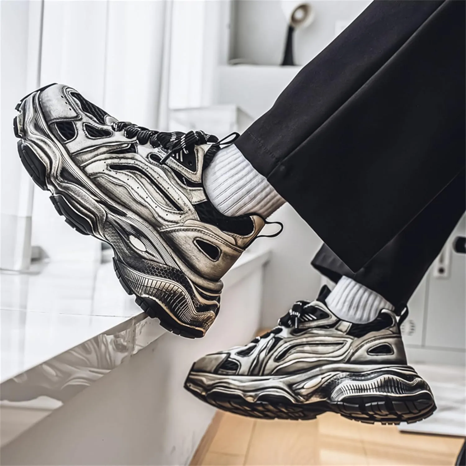 Men's Fashion Stylish Breathable Mesh Chunky Platform Lace Up Sneakers Retro Round Toe Non-Slip Trendy Walking Workout Driving Shoes