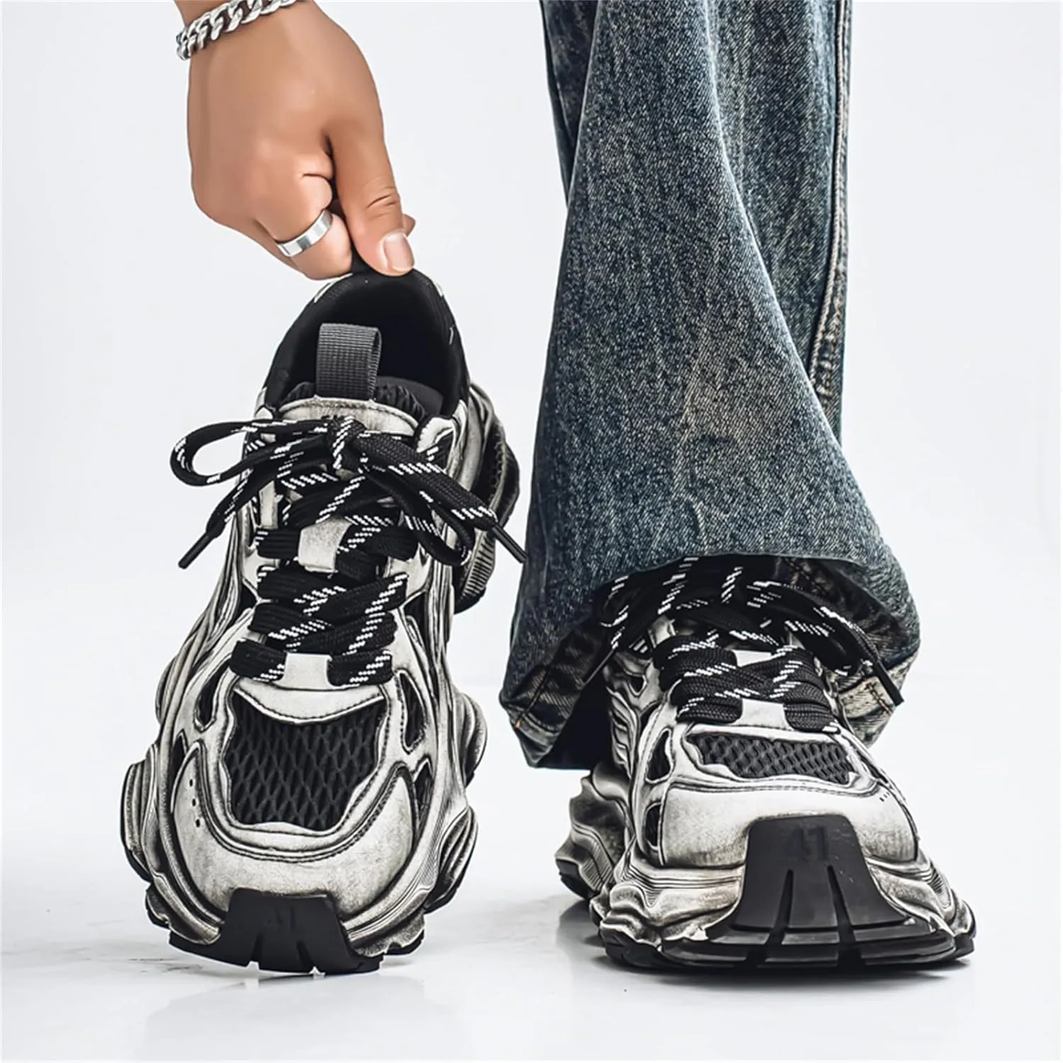 Men's Fashion Stylish Breathable Mesh Chunky Platform Lace Up Sneakers Retro Round Toe Non-Slip Trendy Walking Workout Driving Shoes