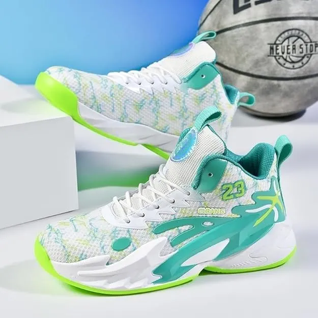 Men's Lace Up Basketball Shoes Anti Slip Shock-Absorbing Breathable Trendy Sports Training Boots(White Moon,5.5)