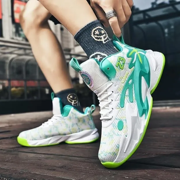 Men's Lace Up Basketball Shoes Anti Slip Shock-Absorbing Breathable Trendy Sports Training Boots(White Moon,5.5)