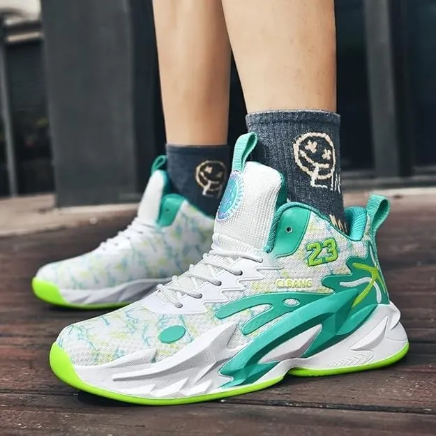 Men's Lace Up Basketball Shoes Anti Slip Shock-Absorbing Breathable Trendy Sports Training Boots(White Moon,5.5)