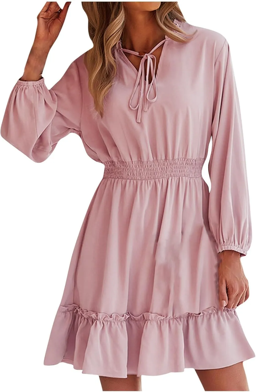 Mini Dresses for Women Fashion Pleated Ruffle Hem Elastic Waist Comfortable Dress Casual Long Sleeve Babydoll Dresses