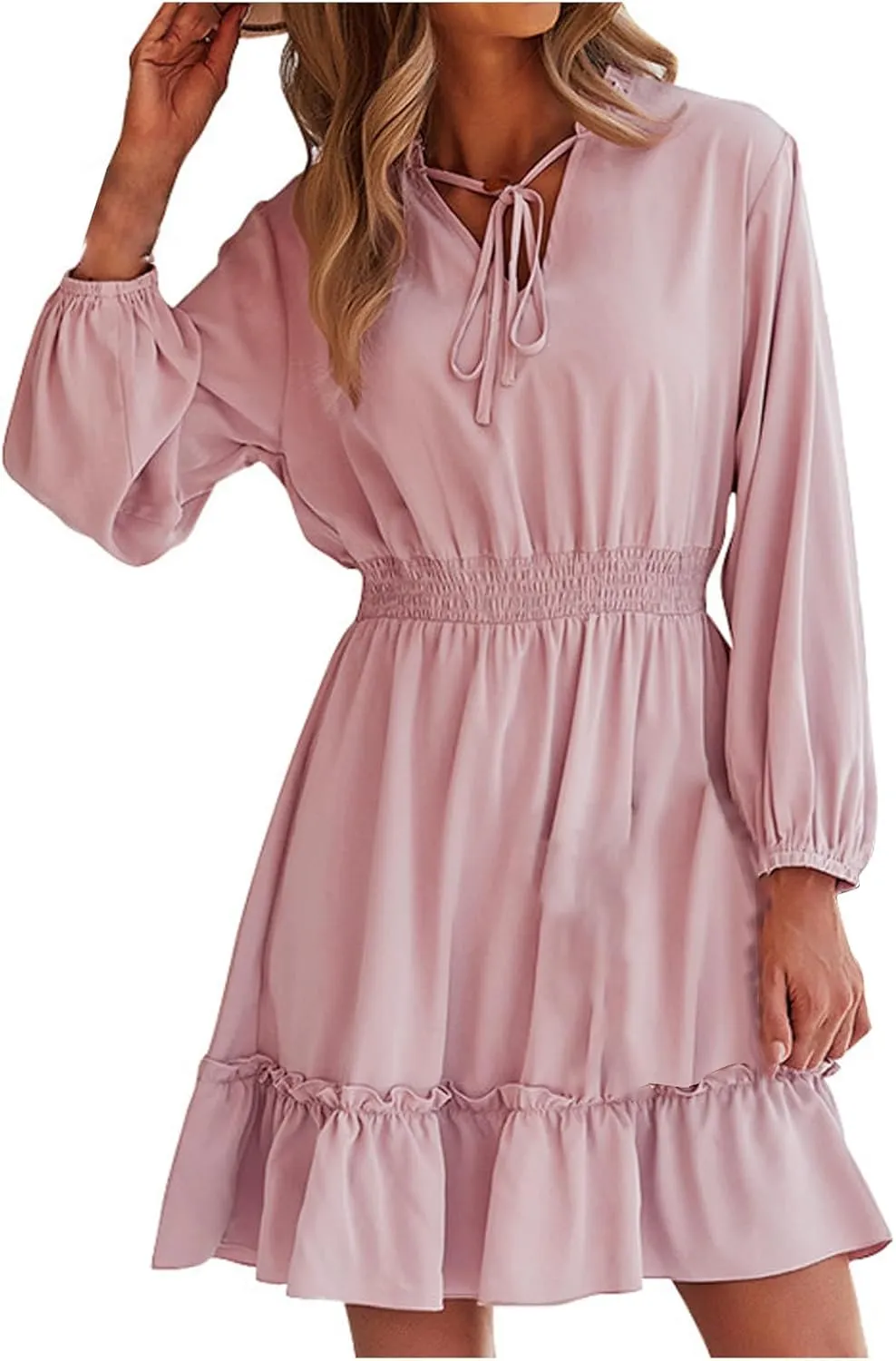 Mini Dresses for Women Fashion Pleated Ruffle Hem Elastic Waist Comfortable Dress Casual Long Sleeve Babydoll Dresses