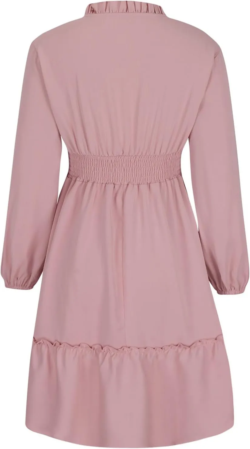 Mini Dresses for Women Fashion Pleated Ruffle Hem Elastic Waist Comfortable Dress Casual Long Sleeve Babydoll Dresses