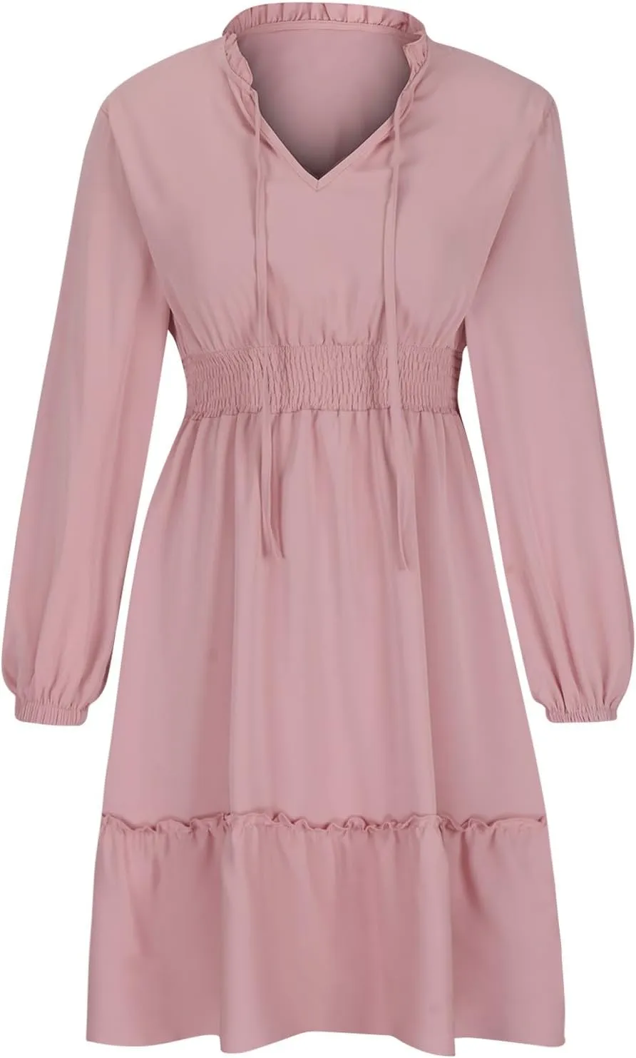 Mini Dresses for Women Fashion Pleated Ruffle Hem Elastic Waist Comfortable Dress Casual Long Sleeve Babydoll Dresses