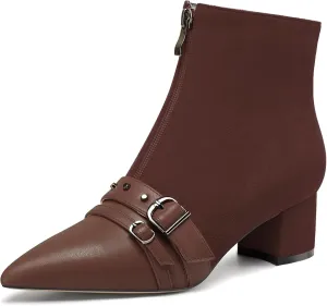 NobleOnly Womens Mid Block Heel Pointed Toe Studded Rivets Patchwork Ankle Boots Short Bootie Buckle Zipper Prom Dress Shoes 2.0 Inches Heels