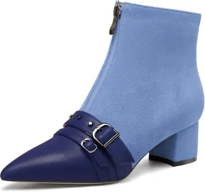 NobleOnly Womens Mid Block Heel Pointed Toe Studded Rivets Patchwork Ankle Boots Short Bootie Buckle Zipper Prom Dress Shoes 2.0 Inches Heels