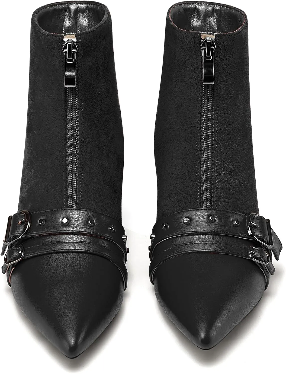 NobleOnly Womens Mid Block Heel Pointed Toe Studded Rivets Patchwork Ankle Boots Short Bootie Buckle Zipper Prom Dress Shoes 2.0 Inches Heels