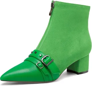 NobleOnly Womens Mid Block Heel Pointed Toe Studded Rivets Patchwork Ankle Boots Short Bootie Buckle Zipper Prom Dress Shoes 2.0 Inches Heels