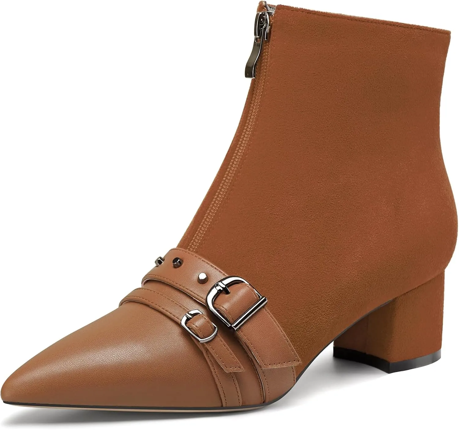 NobleOnly Womens Mid Block Heel Pointed Toe Studded Rivets Patchwork Ankle Boots Short Bootie Buckle Zipper Prom Dress Shoes 2.0 Inches Heels