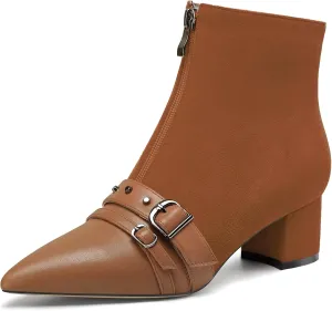 NobleOnly Womens Mid Block Heel Pointed Toe Studded Rivets Patchwork Ankle Boots Short Bootie Buckle Zipper Prom Dress Shoes 2.0 Inches Heels