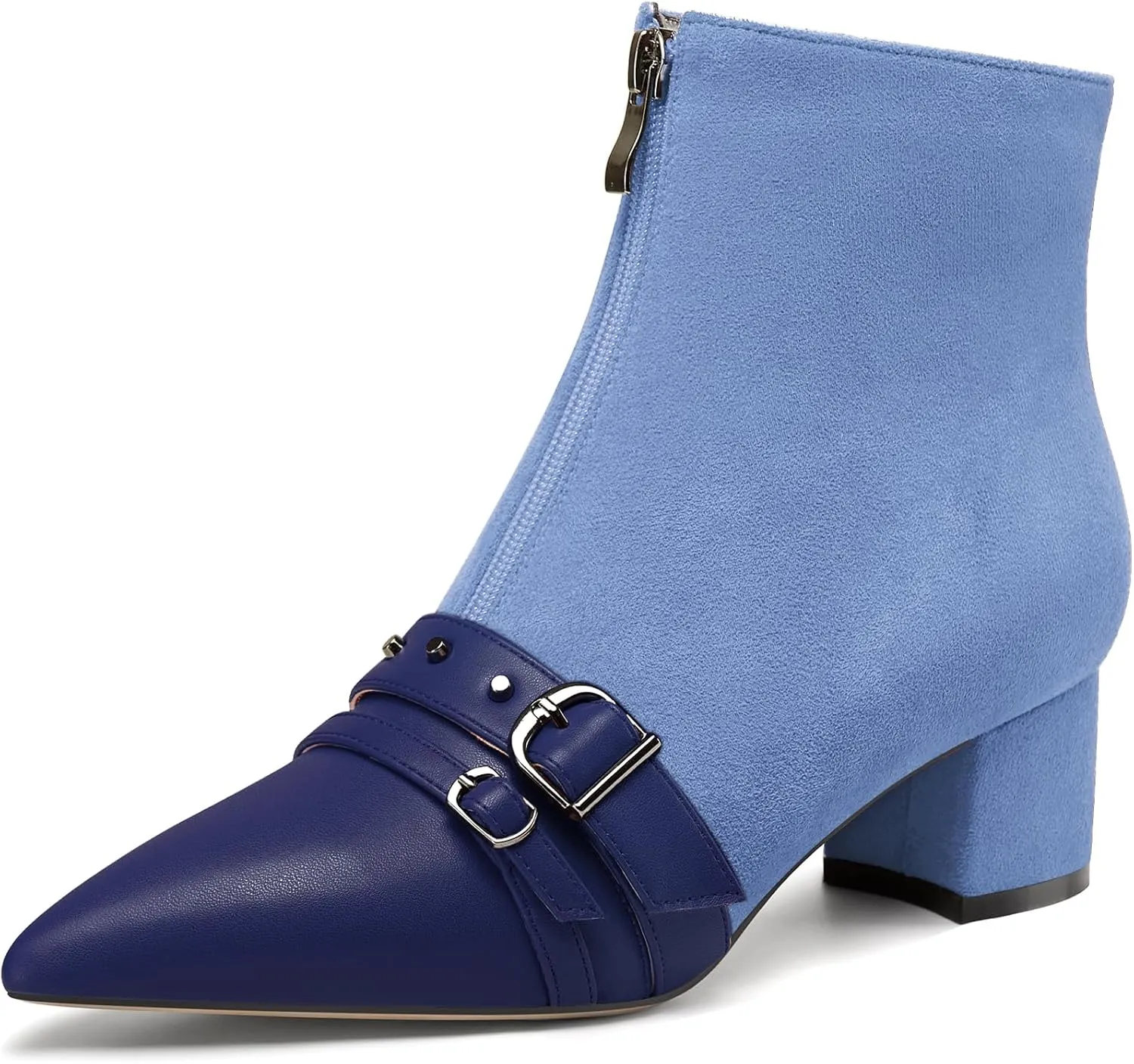 NobleOnly Womens Mid Block Heel Pointed Toe Studded Rivets Patchwork Ankle Boots Short Bootie Buckle Zipper Prom Dress Shoes 2.0 Inches Heels