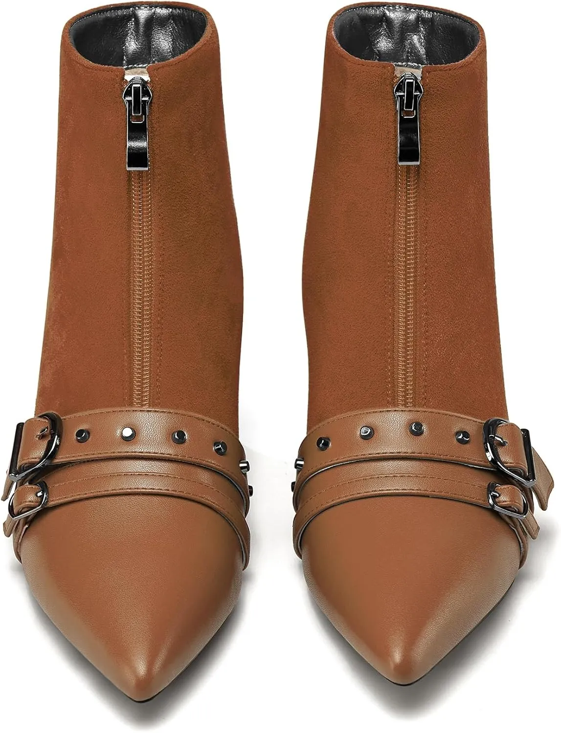 NobleOnly Womens Mid Block Heel Pointed Toe Studded Rivets Patchwork Ankle Boots Short Bootie Buckle Zipper Prom Dress Shoes 2.0 Inches Heels