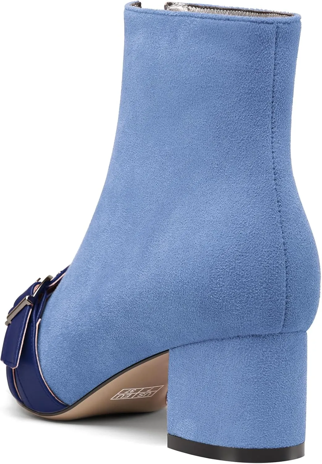 NobleOnly Womens Mid Block Heel Pointed Toe Studded Rivets Patchwork Ankle Boots Short Bootie Buckle Zipper Prom Dress Shoes 2.0 Inches Heels