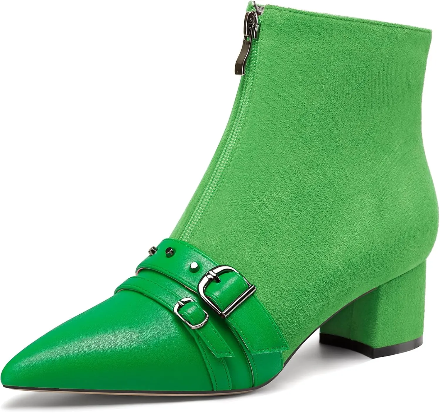 NobleOnly Womens Mid Block Heel Pointed Toe Studded Rivets Patchwork Ankle Boots Short Bootie Buckle Zipper Prom Dress Shoes 2.0 Inches Heels