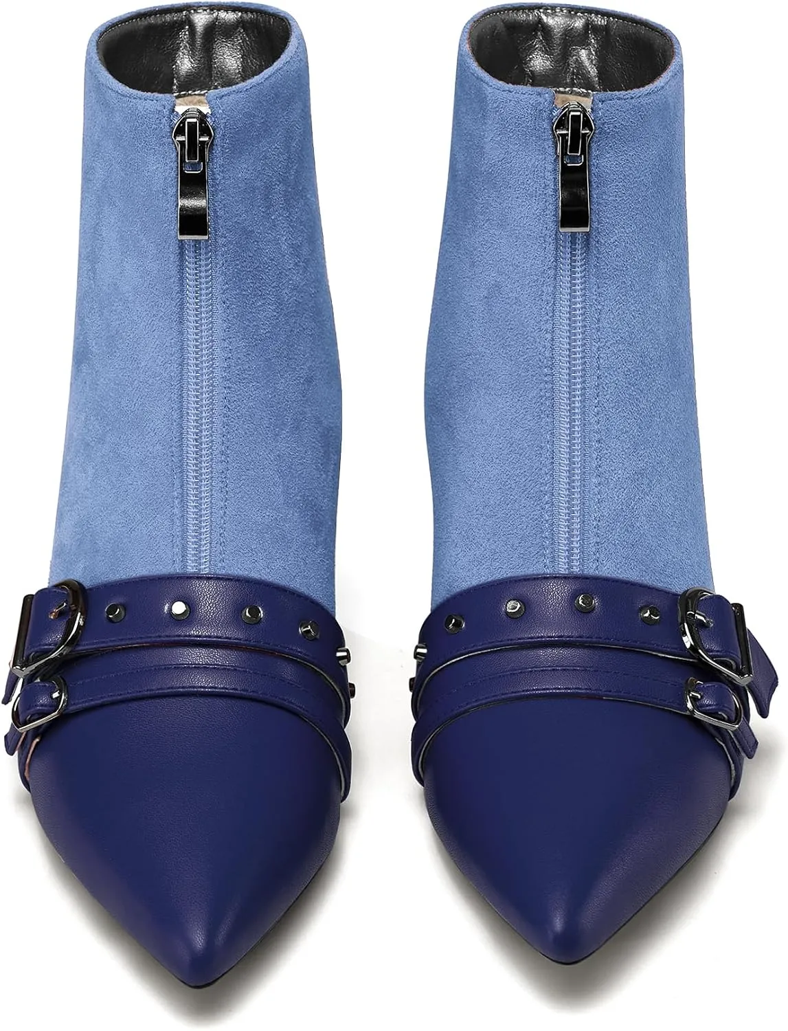 NobleOnly Womens Mid Block Heel Pointed Toe Studded Rivets Patchwork Ankle Boots Short Bootie Buckle Zipper Prom Dress Shoes 2.0 Inches Heels