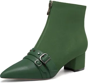 NobleOnly Womens Mid Block Heel Pointed Toe Studded Rivets Patchwork Ankle Boots Short Bootie Buckle Zipper Prom Dress Shoes 2.0 Inches Heels