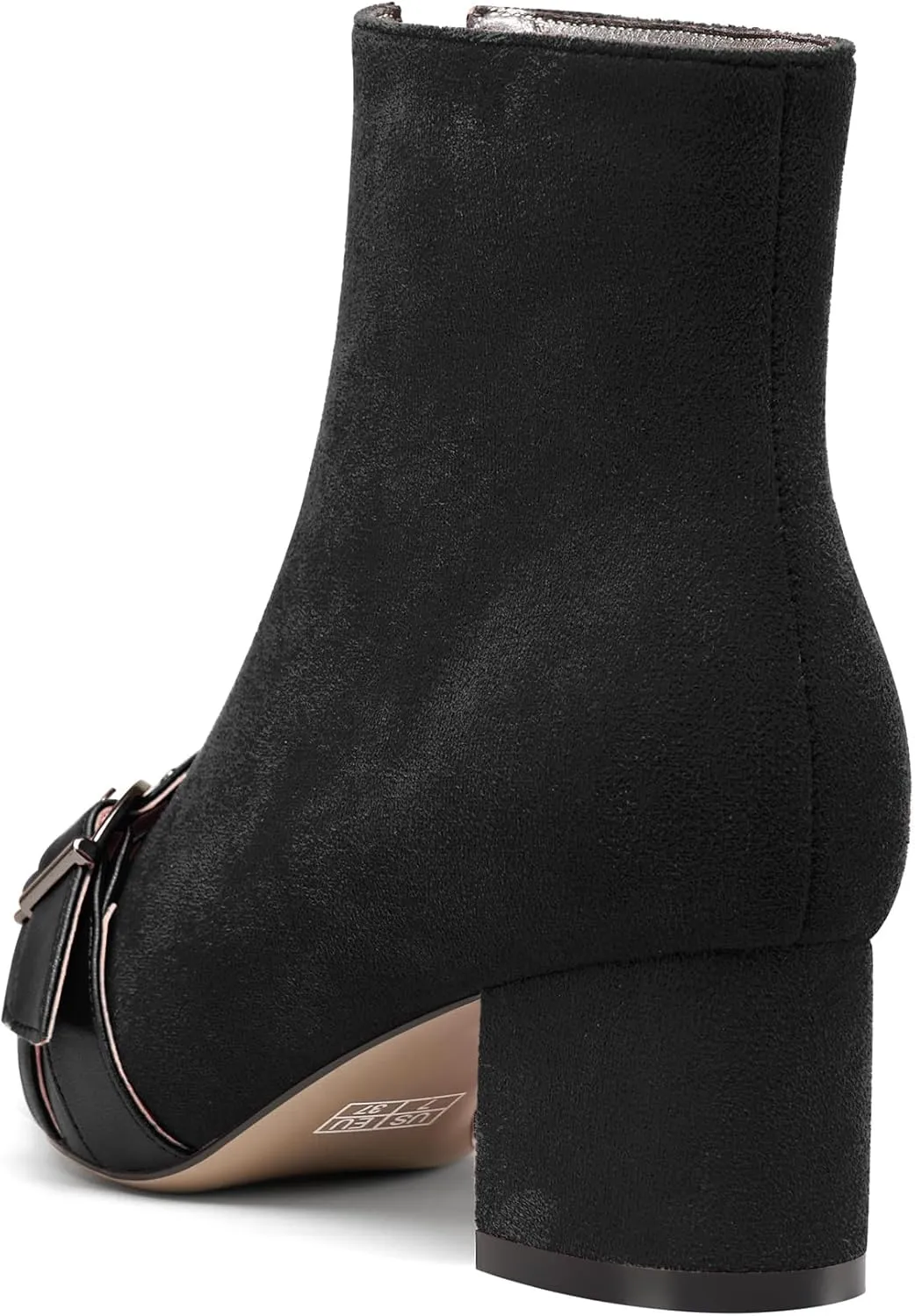 NobleOnly Womens Mid Block Heel Pointed Toe Studded Rivets Patchwork Ankle Boots Short Bootie Buckle Zipper Prom Dress Shoes 2.0 Inches Heels