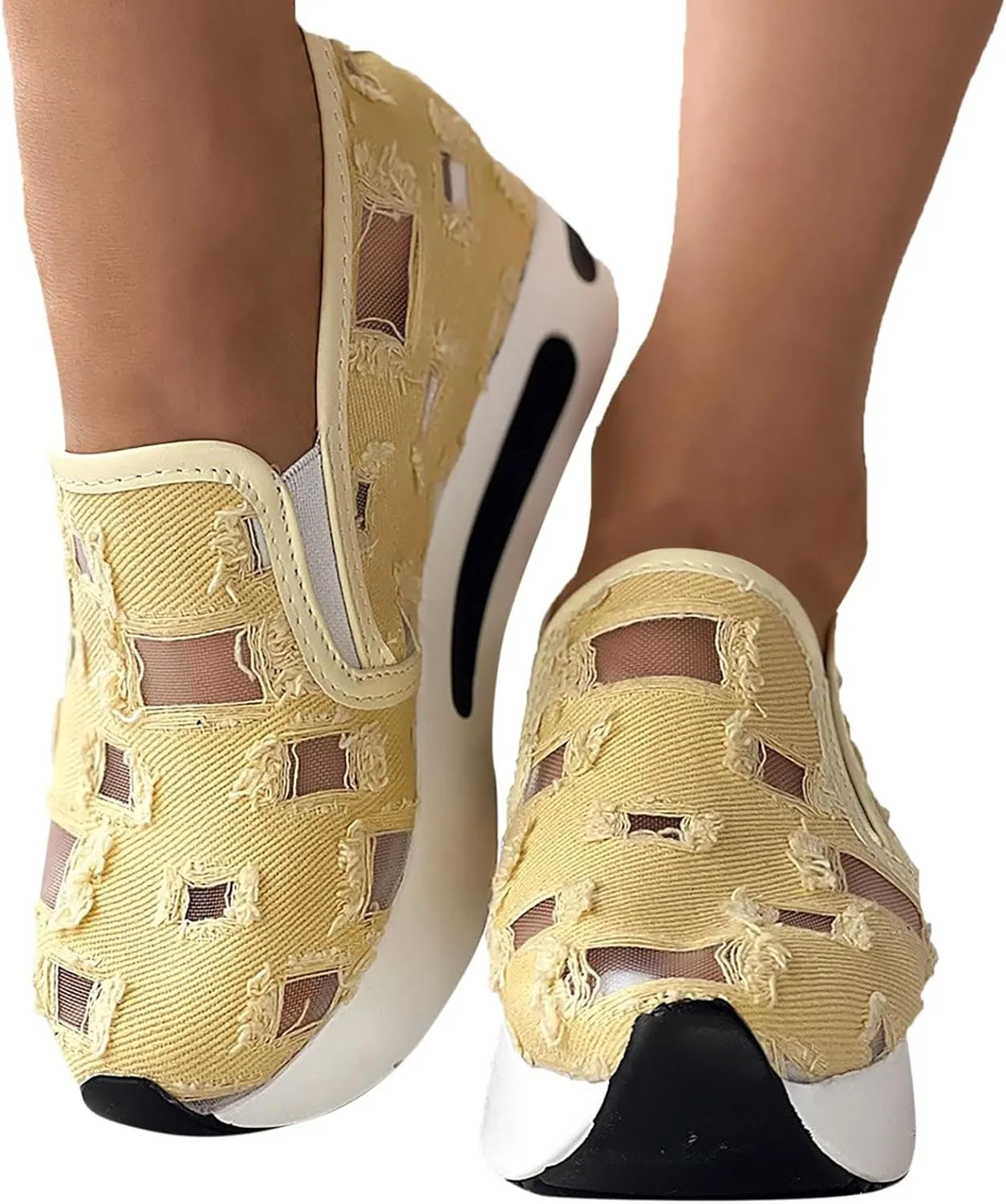 Platform Wedge Sneakers for Women Mesh Floral Embroidery Breathable Walking Shoes Air Comfort Chunky Slip On Arch Support Work Shoes