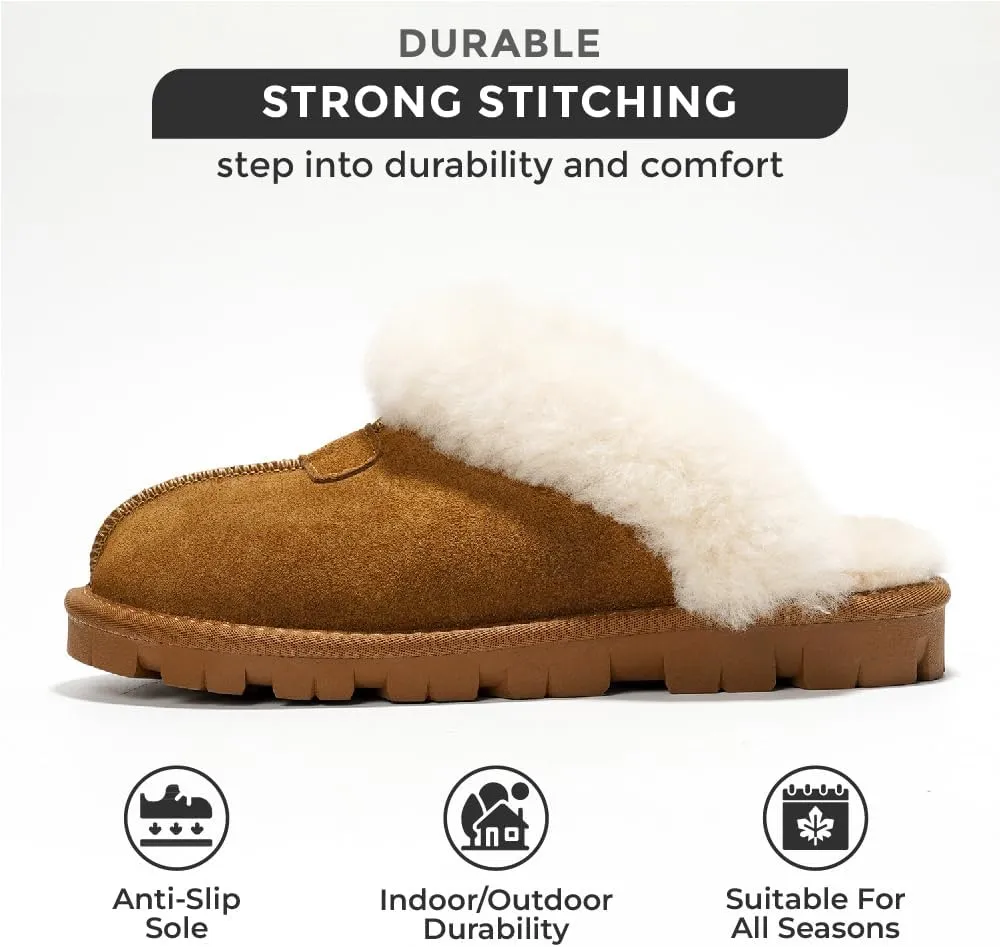 Project Cloud House Slippers for Women - Genuine Leather & Natural Fur Lining Fluffy Slippers - Cozy Memory Foam Womens Shoes (Hedy)