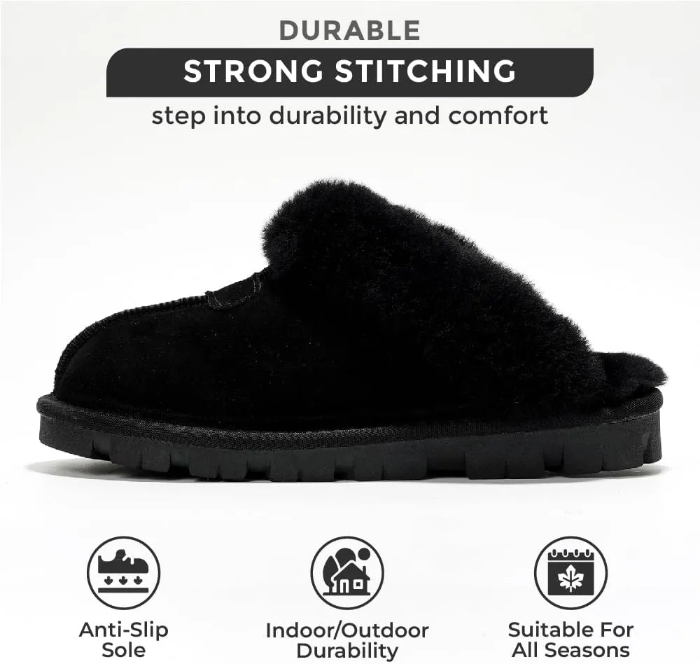 Project Cloud House Slippers for Women - Genuine Leather & Natural Fur Lining Fluffy Slippers - Cozy Memory Foam Womens Shoes (Hedy)