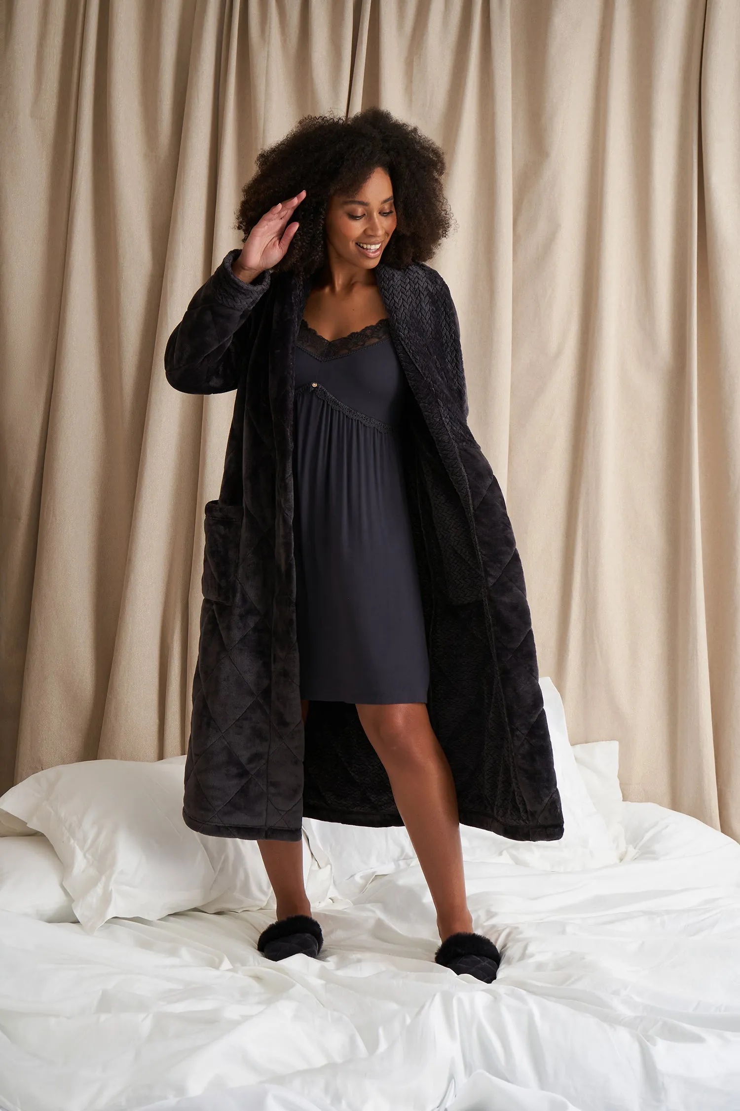 Quilted Velour Robe-RAVEN