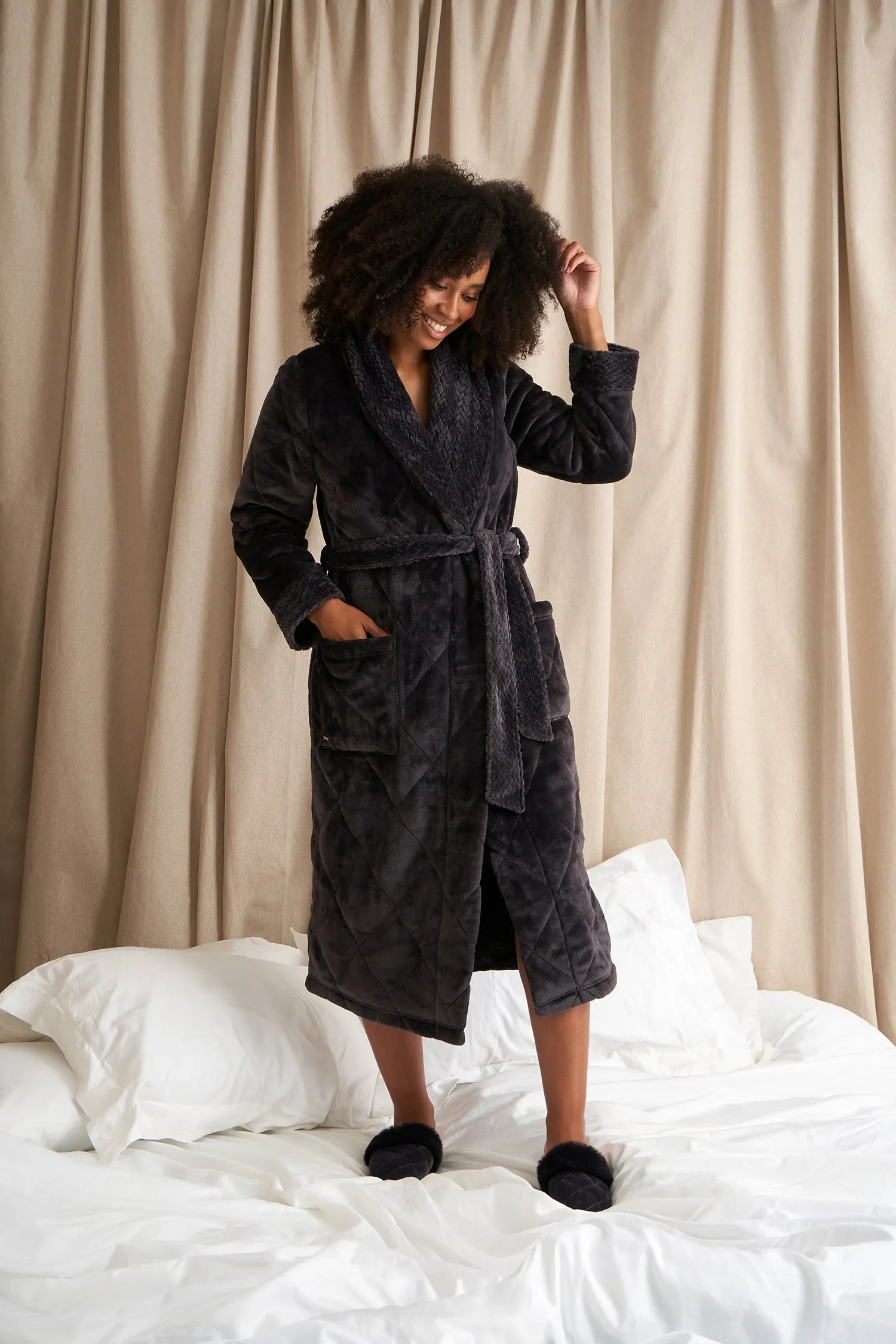 Quilted Velour Robe-RAVEN