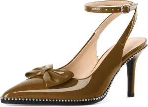 SAMMITOP Women's Slingback Heels with Bow Ankle Strap Pointed Toe Stilettos High Heel Beaded Pumps Wedding Work Dress Shoes 3.5 Inches