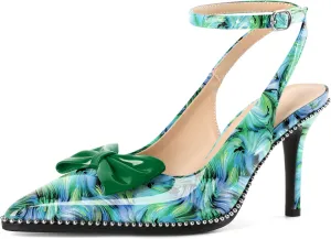 SAMMITOP Women's Slingback Heels with Bow Ankle Strap Pointed Toe Stilettos High Heel Beaded Pumps Wedding Work Dress Shoes 3.5 Inches