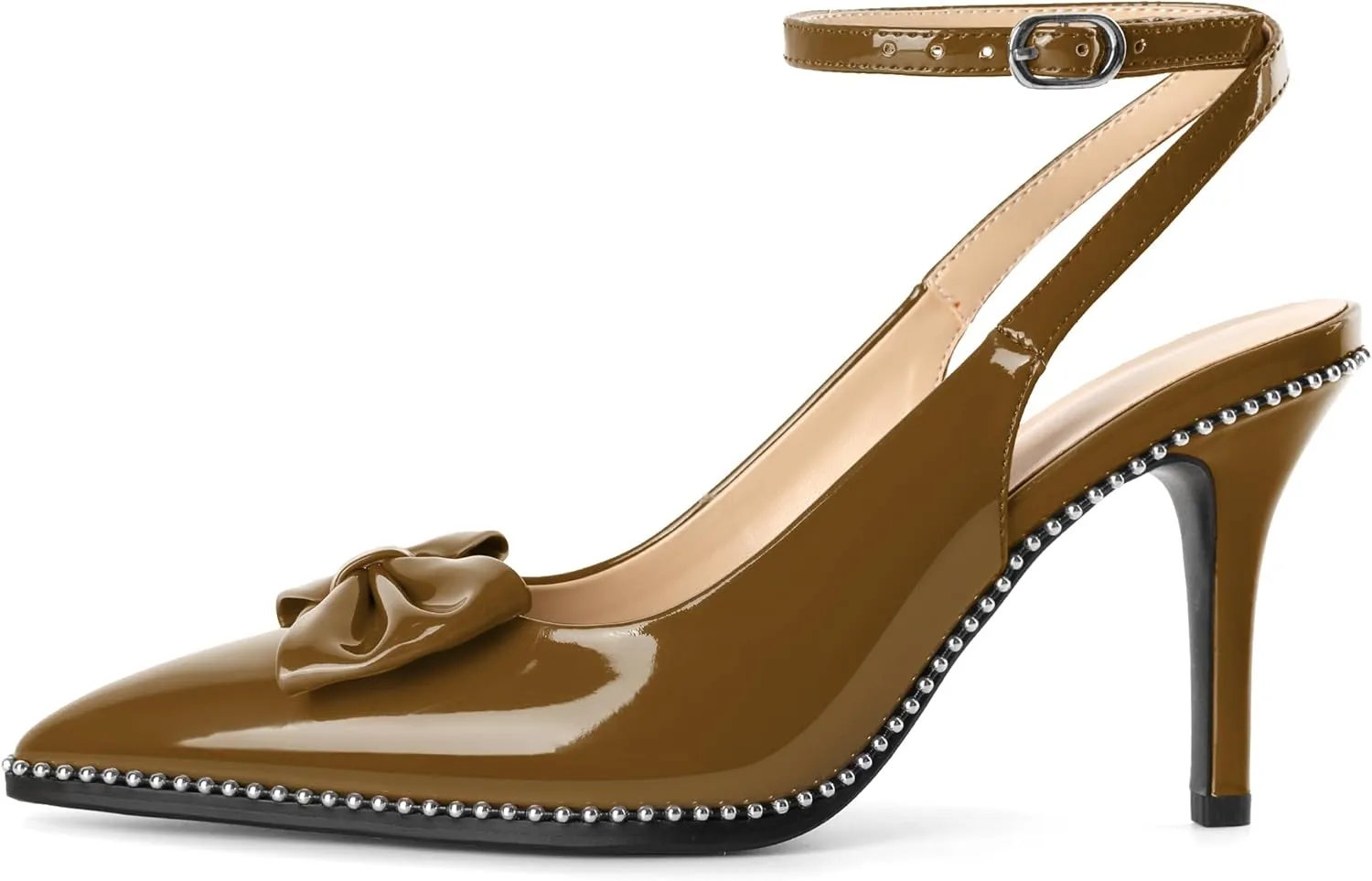 SAMMITOP Women's Slingback Heels with Bow Ankle Strap Pointed Toe Stilettos High Heel Beaded Pumps Wedding Work Dress Shoes 3.5 Inches