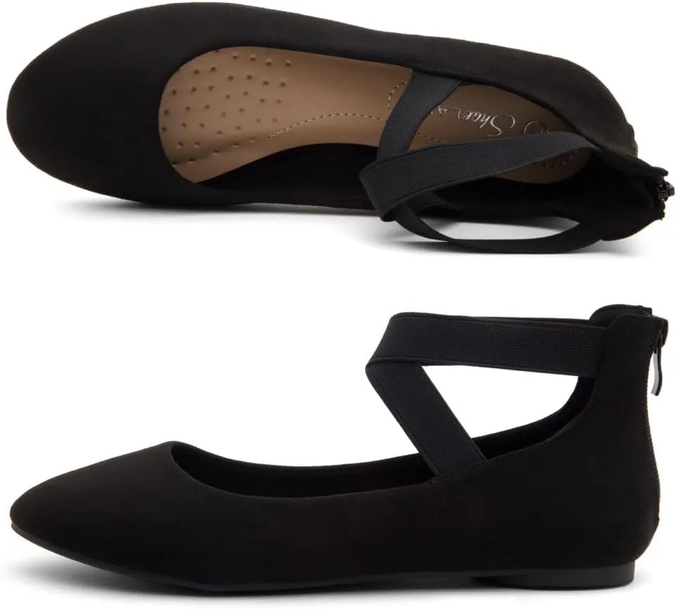 Shoe Land Women's Flats  Dressy & Casual Almond Toe Flat Shoes with Elastic Ankle Strap, Comfortable Slip-On Ballet Flats for Work, Office & Special Occasions