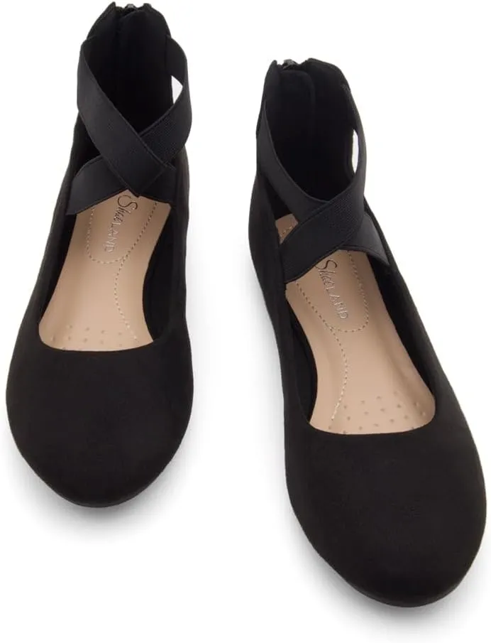 Shoe Land Women's Flats  Dressy & Casual Almond Toe Flat Shoes with Elastic Ankle Strap, Comfortable Slip-On Ballet Flats for Work, Office & Special Occasions