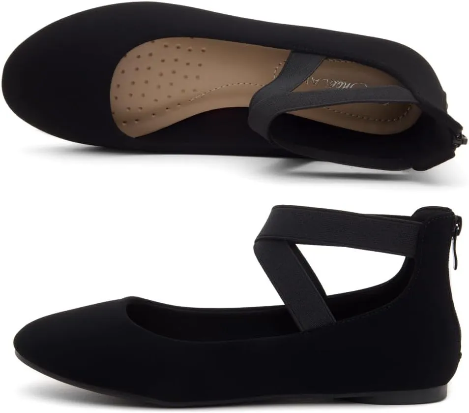 Shoe Land Women's Flats  Dressy & Casual Almond Toe Flat Shoes with Elastic Ankle Strap, Comfortable Slip-On Ballet Flats for Work, Office & Special Occasions