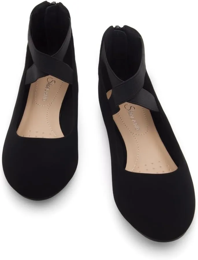 Shoe Land Women's Flats  Dressy & Casual Almond Toe Flat Shoes with Elastic Ankle Strap, Comfortable Slip-On Ballet Flats for Work, Office & Special Occasions