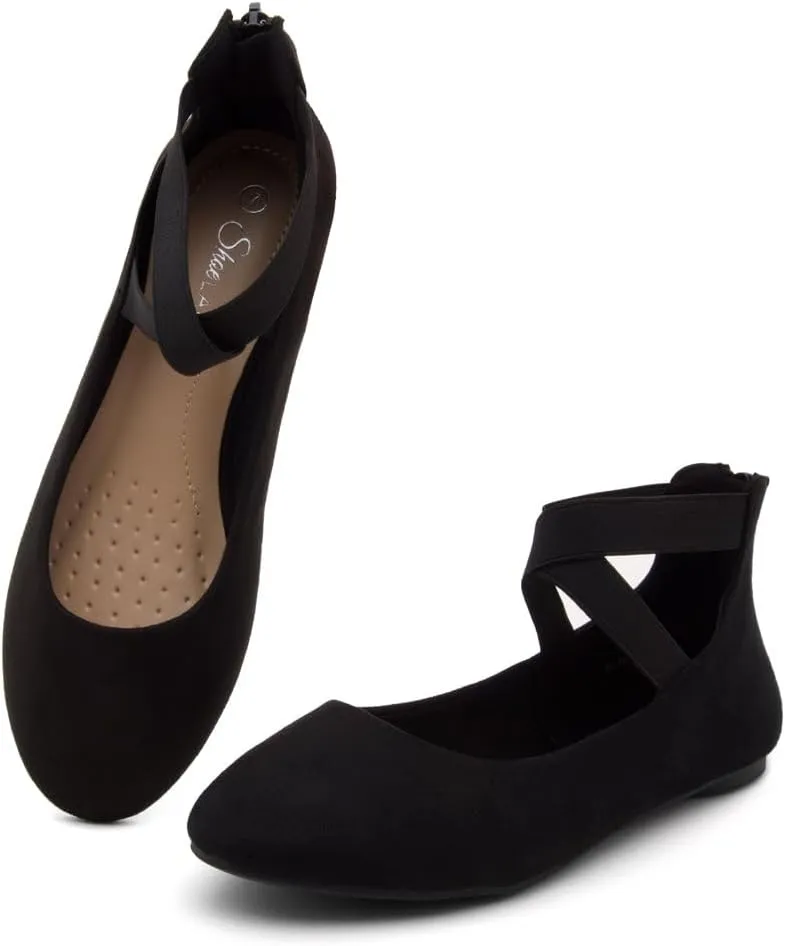Shoe Land Women's Flats  Dressy & Casual Almond Toe Flat Shoes with Elastic Ankle Strap, Comfortable Slip-On Ballet Flats for Work, Office & Special Occasions
