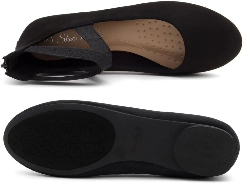 Shoe Land Women's Flats  Dressy & Casual Almond Toe Flat Shoes with Elastic Ankle Strap, Comfortable Slip-On Ballet Flats for Work, Office & Special Occasions