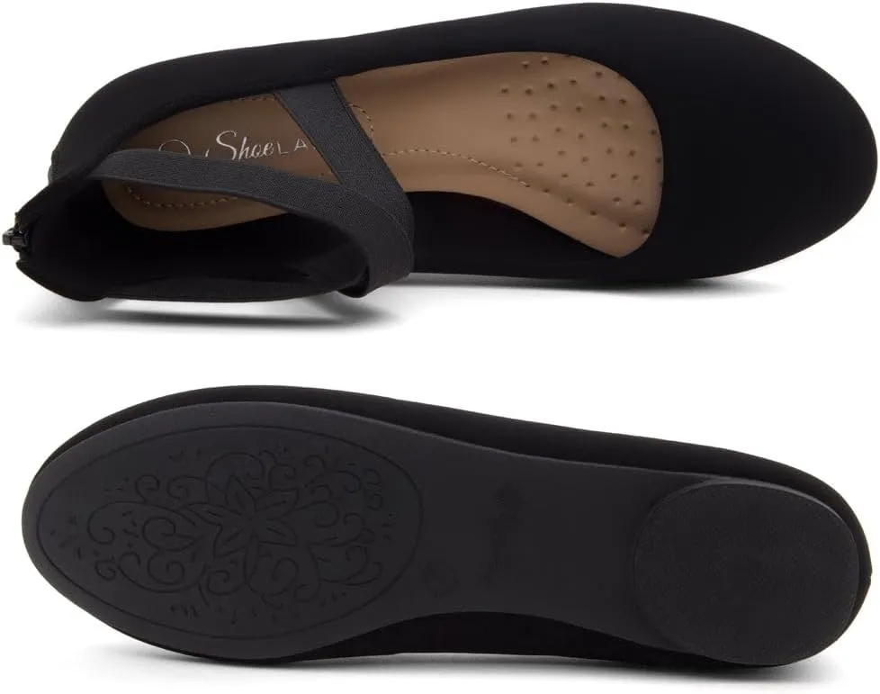 Shoe Land Women's Flats  Dressy & Casual Almond Toe Flat Shoes with Elastic Ankle Strap, Comfortable Slip-On Ballet Flats for Work, Office & Special Occasions