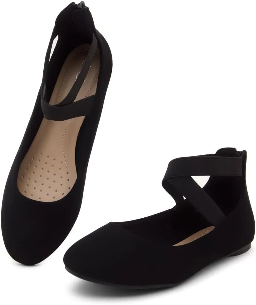 Shoe Land Women's Flats  Dressy & Casual Almond Toe Flat Shoes with Elastic Ankle Strap, Comfortable Slip-On Ballet Flats for Work, Office & Special Occasions