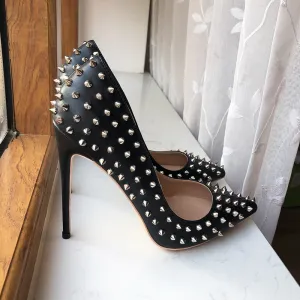 Silver Spikes Women Black Matte Sexy Stiletto High Heels