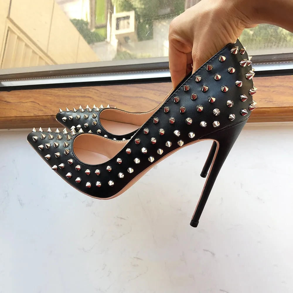 Silver Spikes Women Black Matte Sexy Stiletto High Heels
