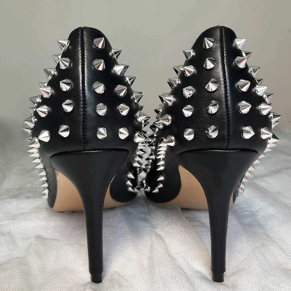 Silver Spikes Women Black Matte Sexy Stiletto High Heels