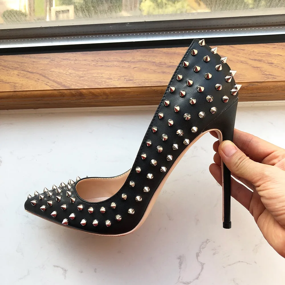 Silver Spikes Women Black Matte Sexy Stiletto High Heels