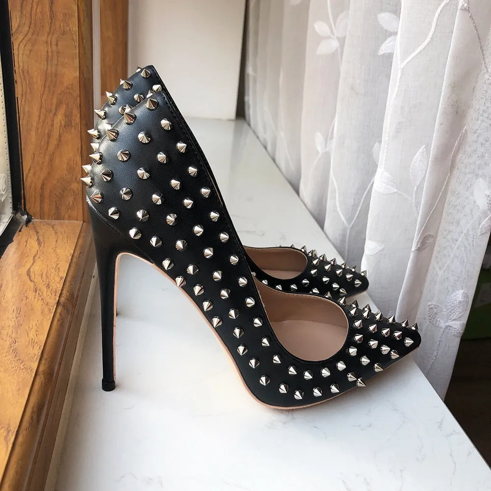 Silver Spikes Women Black Matte Sexy Stiletto High Heels