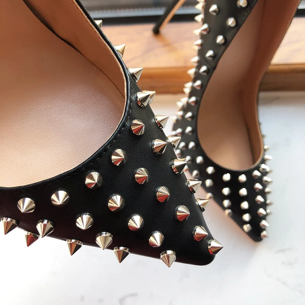 Silver Spikes Women Black Matte Sexy Stiletto High Heels