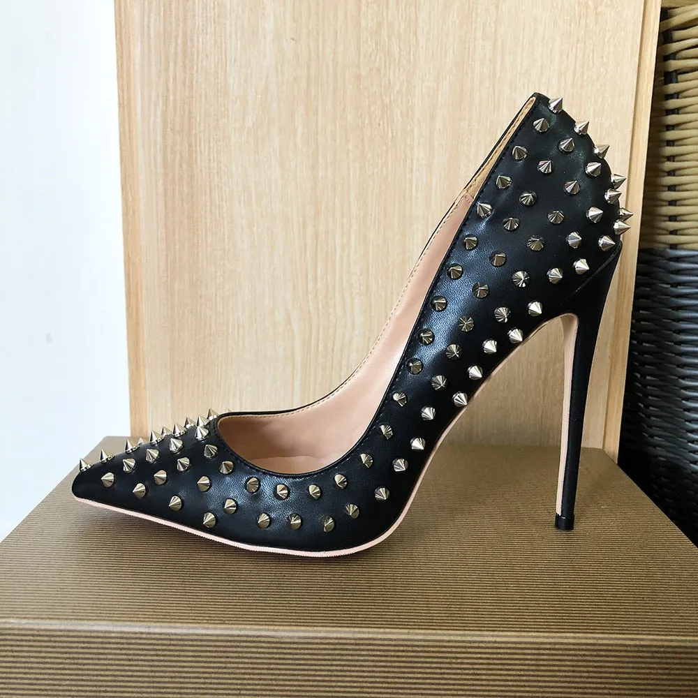 Silver Spikes Women Black Matte Sexy Stiletto High Heels
