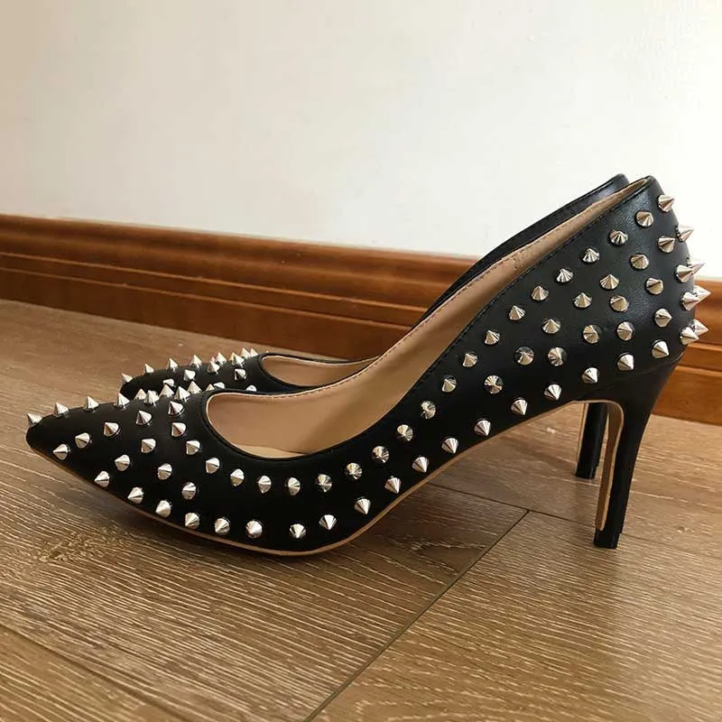 Silver Spikes Women Black Matte Sexy Stiletto High Heels