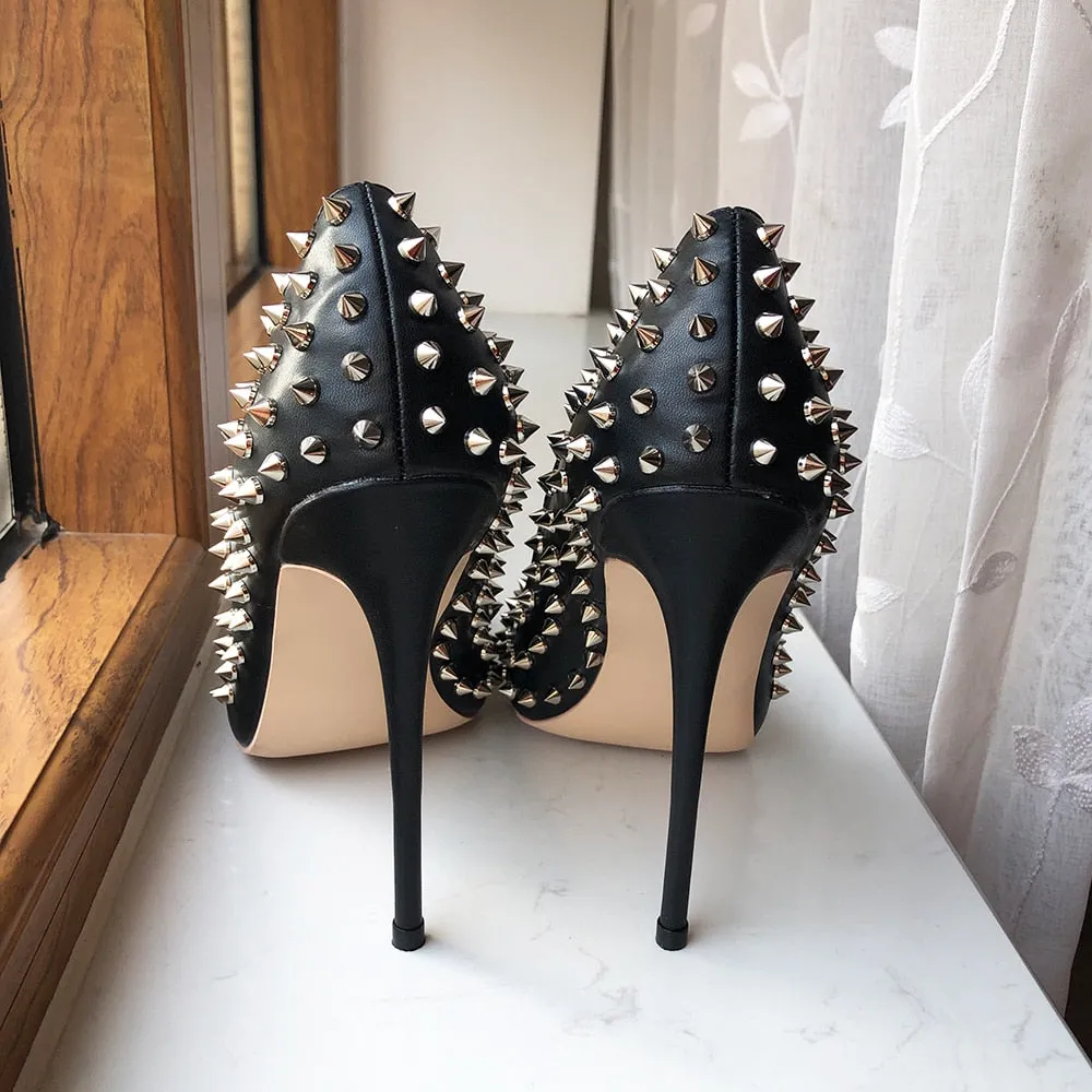 Silver Spikes Women Black Matte Sexy Stiletto High Heels
