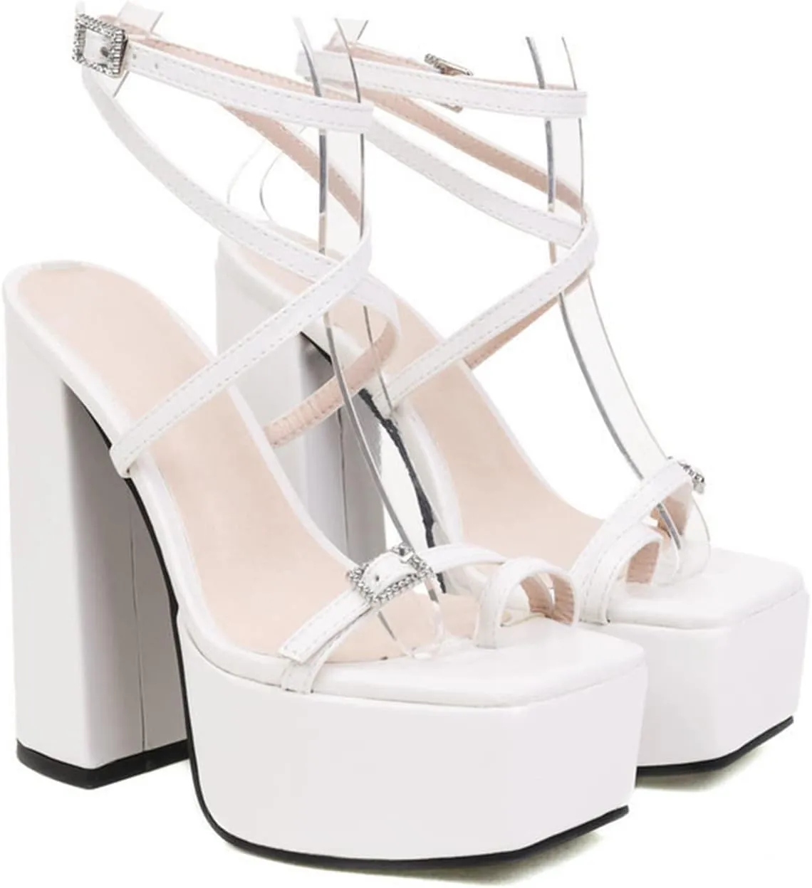 TNXZ Women's Girl Platform High Heels Sandals Square Open Toe Strappy Pumps Lace Up Dress Party Summer Shoes